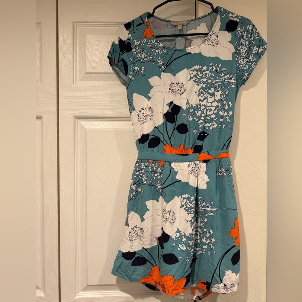 Banana Republic Floral Teal and Orange Dress with Back Vent